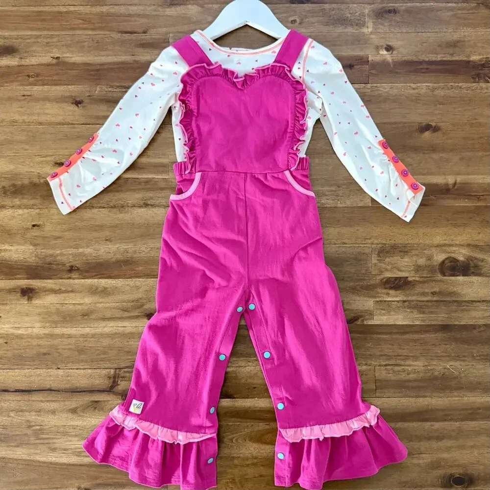 Wildflowers Girls First Love Pink Ruffled Overalls with Cream Heart Top Set 4